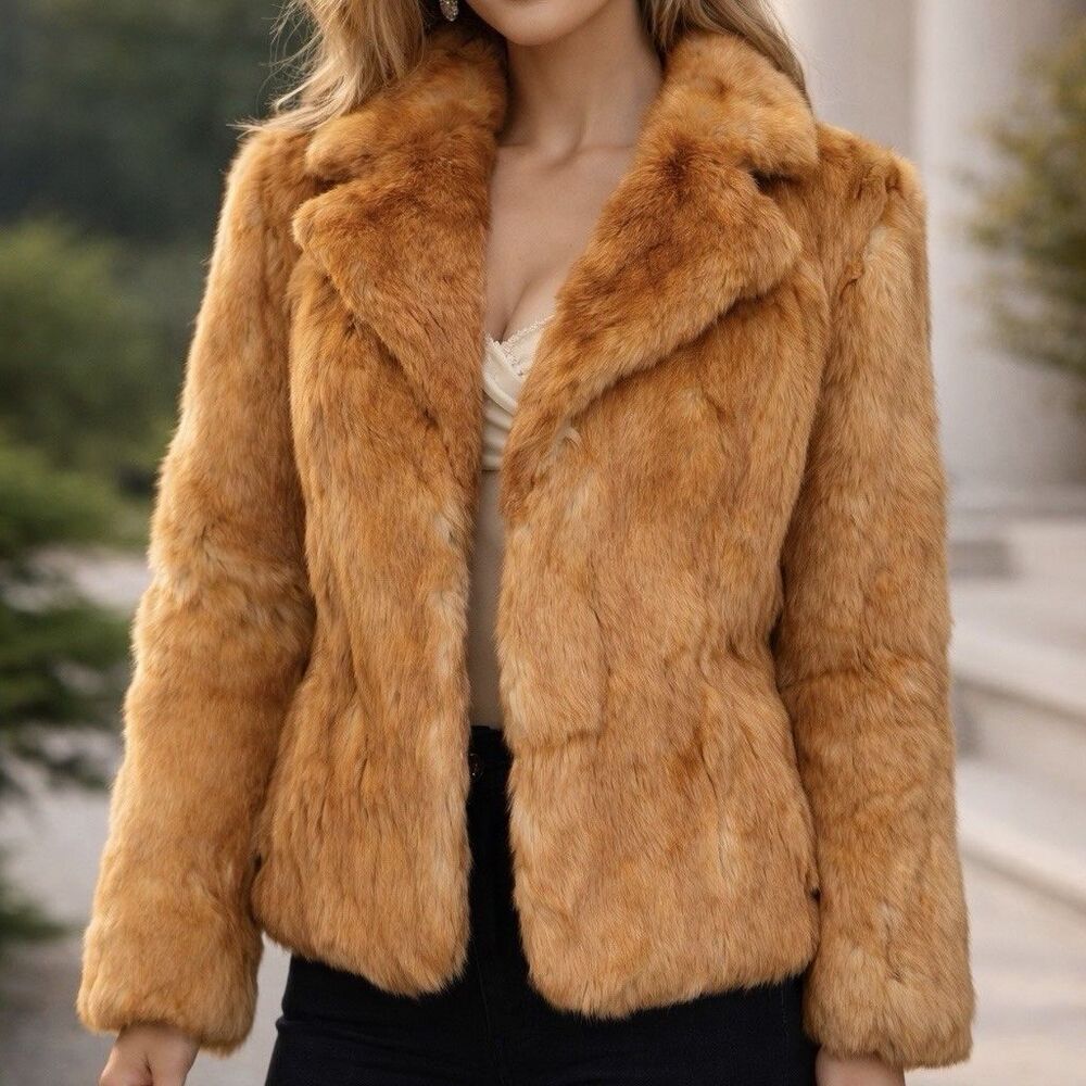Dino Ricco Vintage Rabbit Fur Coat Jacket Womens S Collared Golden Blonde Honey
